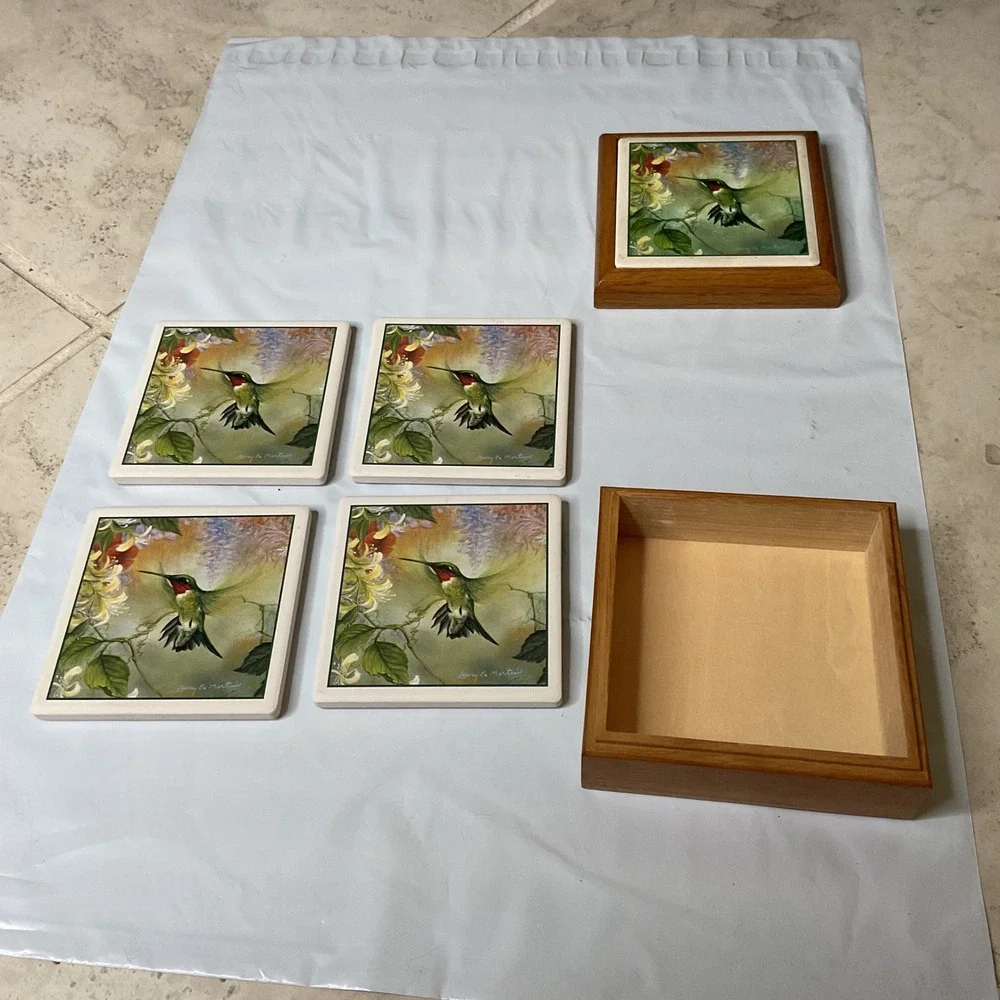 Larry K Martin Hummingbird AbsorbaStone Coasters -Set w/ Wooden Storage Box 5 pc